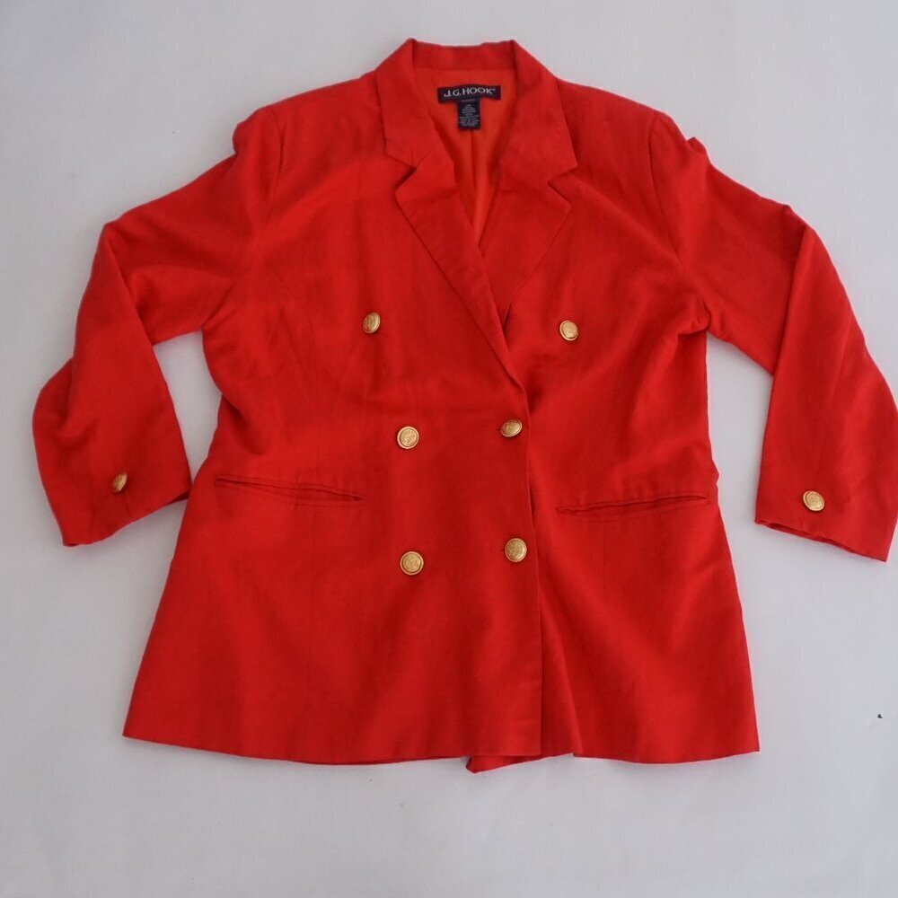 Vintage 90S J.G. Hook Red 55% Linen Double Breasted Blazer 14P